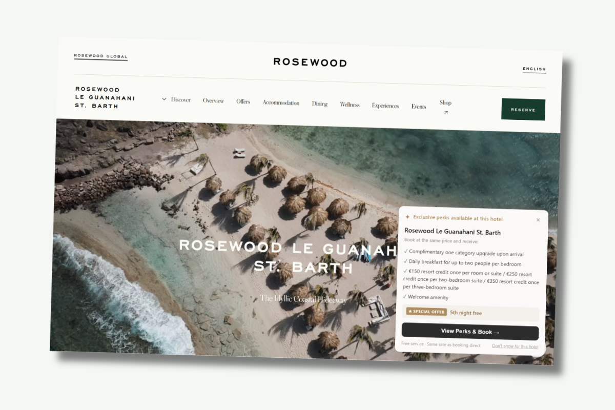 Luxury Hotel Offers extension showing exclusive perks on the Rosewood Le Guanahani St. Barth website, including room upgrade, breakfast, resort credits, and a 5th night free special offer