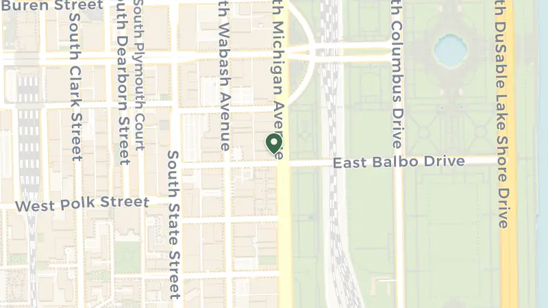 Map of 636 South Michigan Avenue, Lobby entrance on, E Balbo Dr, Chicago, IL 60605, USA