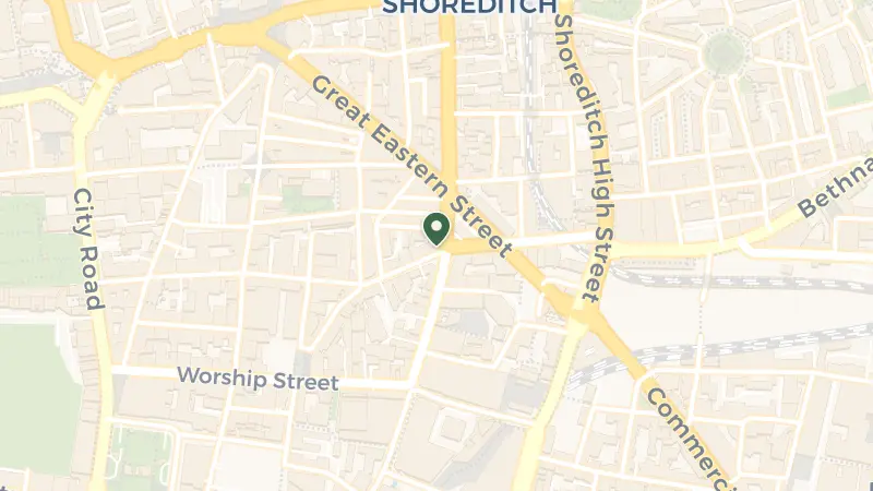 Map of 45 Curtain Rd, London EC2A 3PT, UK
